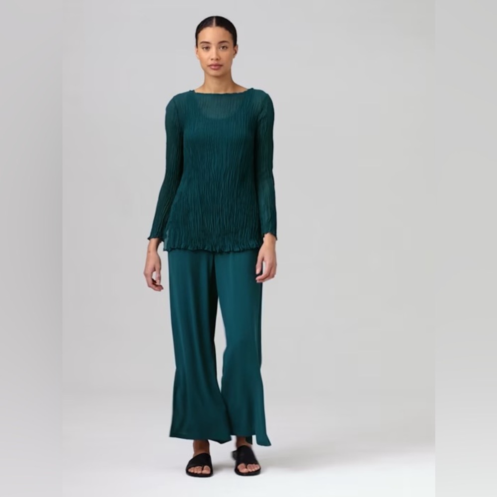 NWT EILEEN FISHER Crinkled Sheer Silk Georgette Bateau Neck Long Top Sz L - Picture 2 of 11